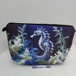 Seahorse Print Cosmetic Pouch in Navy and White Padded
